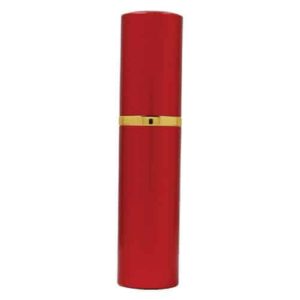 A red bottle with gold trim on a white background, infused with WildFire™ 1.4% MC Lipstick Pepper Spray Silver.