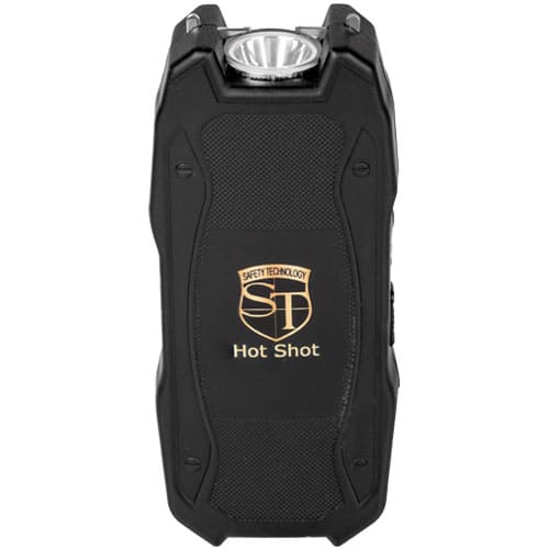 A black Hot Shot Stun Gun/Flashlight and Battery Meter with the word "Hot Shot" on it, also featuring a Battery Meter.