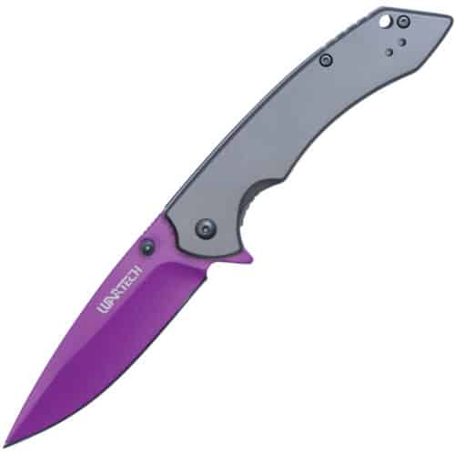 Assisted Open Folding Pocket Knife with Grey handle and Purple Blade Open