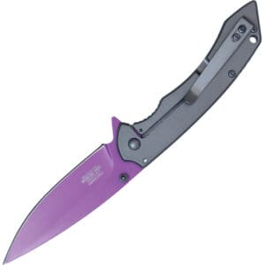 Assisted Open Folding Pocket Knife with Grey handle and Purple Blade Back Open