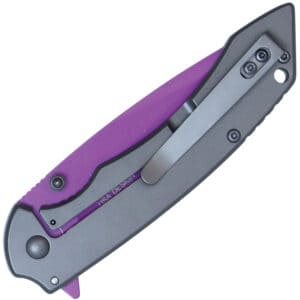 Assisted Open Folding Pocket Knife with Grey handle and Purple Blade Back