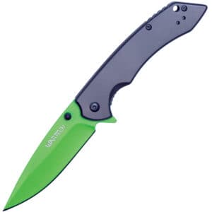Assisted Open Folding Pocket Knife with Grey handle and Green Blade Open