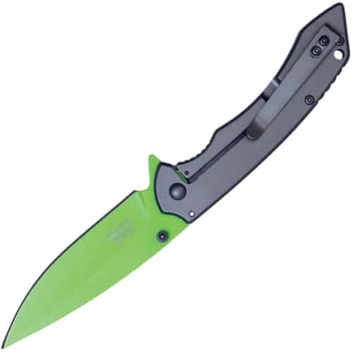 Assisted Open Folding Pocket Knife with Grey handle and Green Blade Back Open