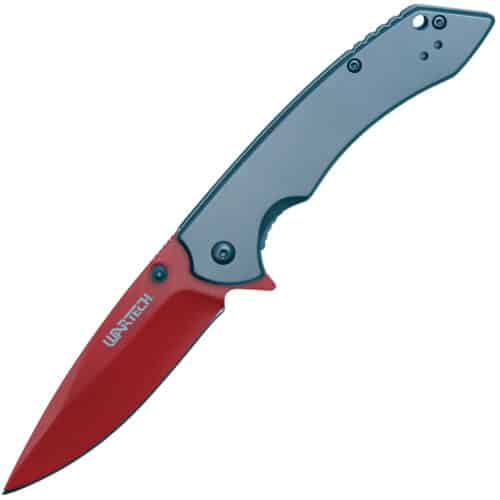Assisted Open Folding Pocket Knife with Grey handle and Red Blade Open