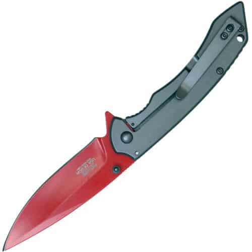 Assisted Open Folding Pocket Knife with Grey handle and Red Blade Back Open
