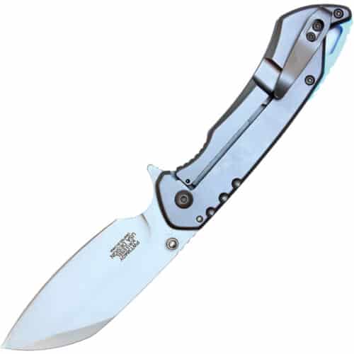 Assisted Open Folding Pocket Knife, Grey Handle w/ Blue Accents Back Open