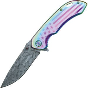 Assisted Open Folding Pocket Knife with Rainbow handle with American Flag Design Front Open