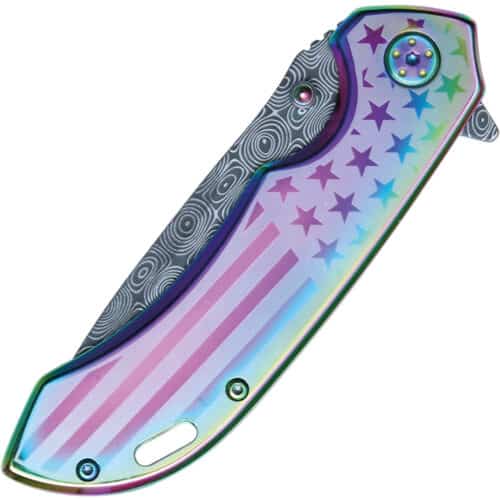 Assisted Open Folding Pocket Knife with Rainbow handle with American Flag Design Front