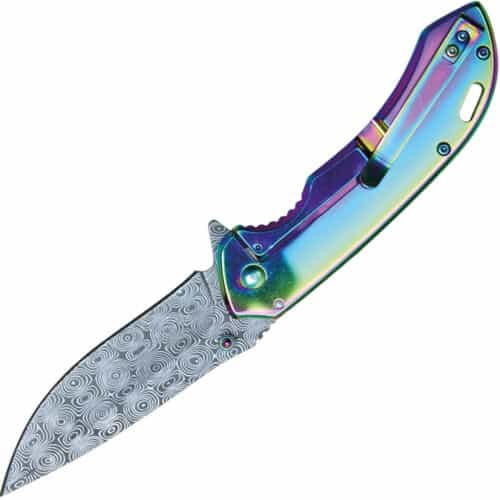 Assisted Open Folding Pocket Knife with Rainbow handle with American Flag Design Back Open
