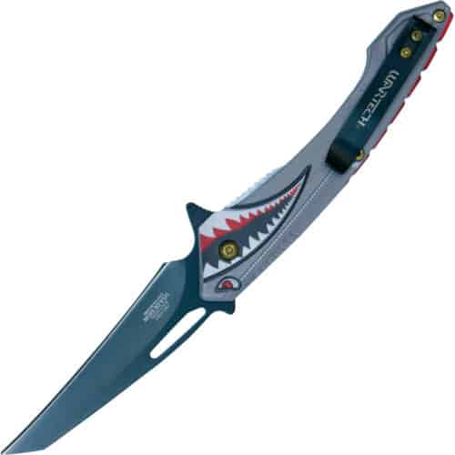 Assisted Open Folding Pocket Knife Gray with Flying Shark Design Open Back