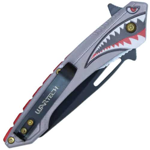Assisted Open Folding Pocket Knife Gray with Flying Shark Design Back