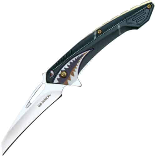 Assisted Open Folding Pocket Knife Green with Flying Shark Design Back B