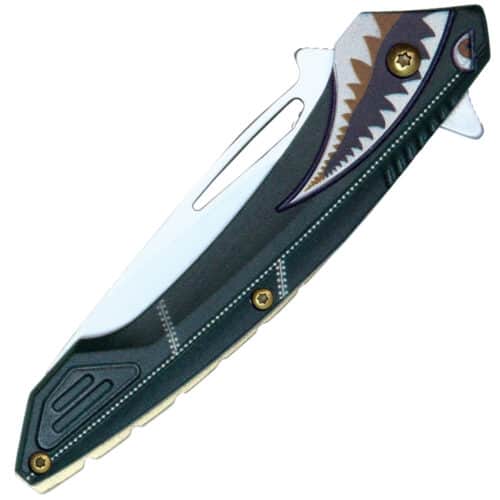 Assisted Open Folding Pocket Knife Green with Flying Shark Design Front