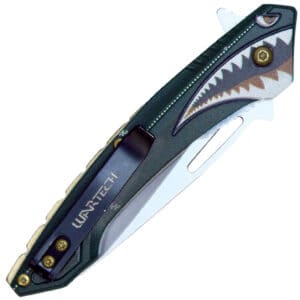 Assisted Open Folding Pocket Knife Green with Flying Shark Design Back