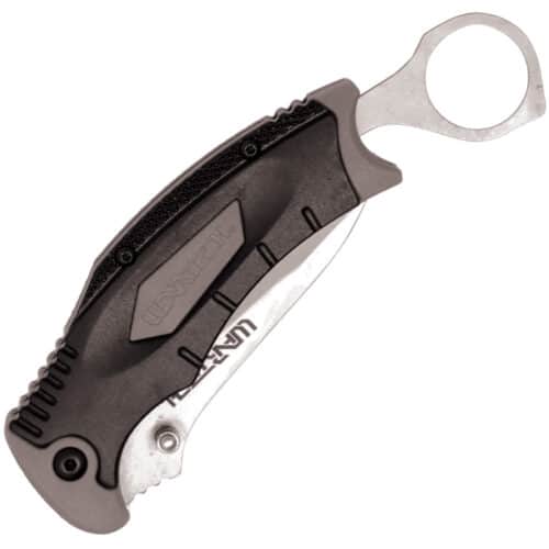 Assisted Open Pocket Knife Black and Gray with hidden second blade open front