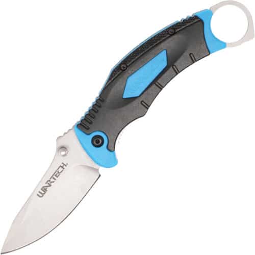 Assisted Open Pocket Knife Black and Blue with hidden second blade front