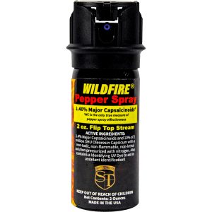 Wildfire 1.4% MC Pepper Spray Stream — 2 oz and 4 oz Sizes, Flip Top and Locking Actuator Options, 8-15 Foot Range, 2 Million SHU, UV Identifying Dye Included