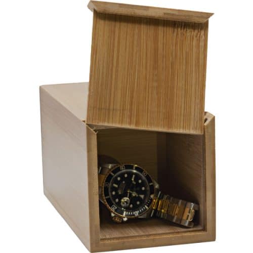 A Bamboo Soap Dispenser Diversion Safe on Sale with a watch inside of it.
