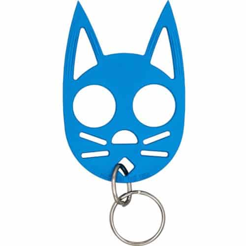A blue Cat Strike Self-Defense Keychain with a cat face on it, perfect for self-defense.
