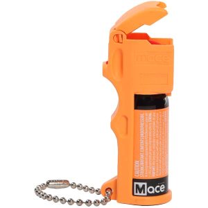 A Mace® Pocket Model Pepper Spray - Neon Orange with a key chain.