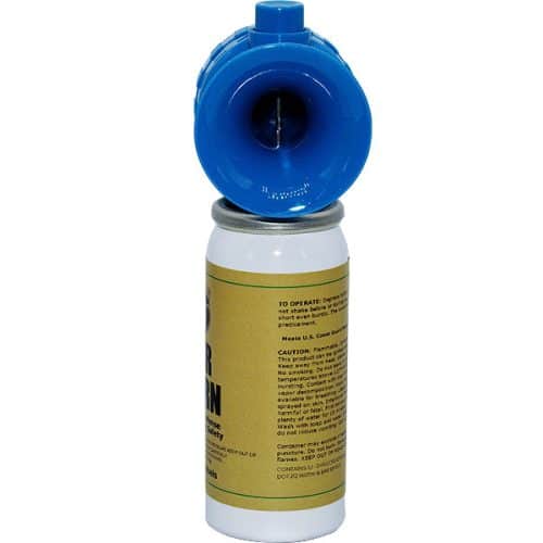A blue can with a blue lid on top of it, designed with the Safety Technology 129dB Air Horn for safety purposes.