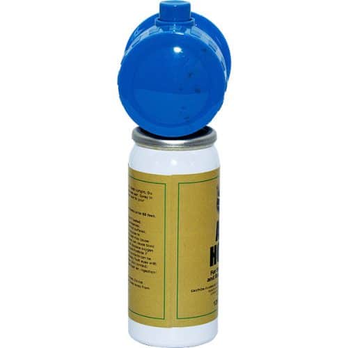 A blue can equipped with a Safety Technology 129dB Air Horn.