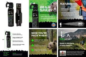 A series of images showcasing the powerful and effective GrizGuard Bear Spray.