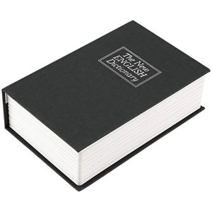 A hardcover dictionary lying flat on a surface, functioning as a Key Locking Book Safe.