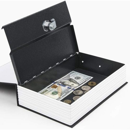 Key Locking Book Safe with a black cover, containing cash and coins.
