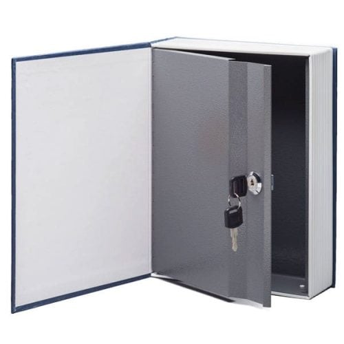 A Key Locking Book Safe with a key lock, open to display the storage compartment.
