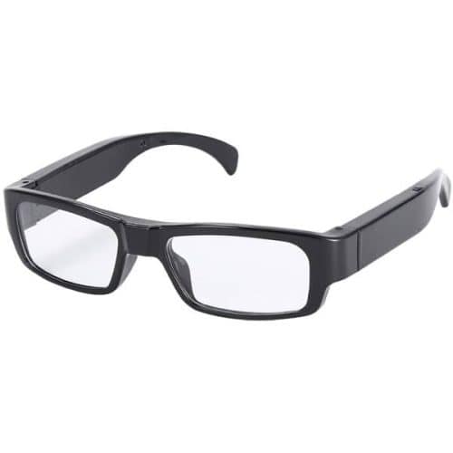 Eyeglasses Hidden Spy Camera with Built in DVR, black and rectangular with clear lenses, thick arms, and a small hidden spy camera lens embedded on the side, complete with a built-in DVR.