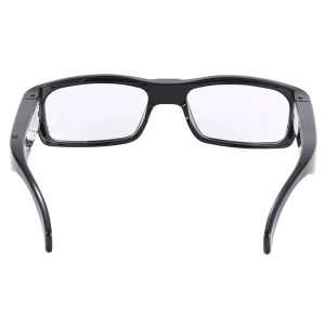 A pair of black rectangular Eyeglasses Hidden Spy Camera with Built in DVR viewed from the backside, boasting clear lenses, thick frames, and a hidden spy camera with a built-in DVR.