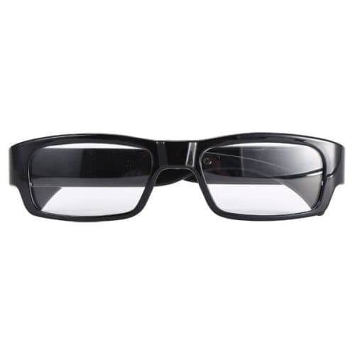 A pair of black plastic prescription eyeglasses with rectangular lenses and a discreet Eyeglasses Hidden Spy Camera with Built in DVR, displayed head-on.