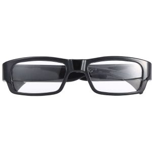 A pair of black plastic rectangular eyeglasses with clear lenses facing forward, featuring the Eyeglasses Hidden Spy Camera with Built in DVR.