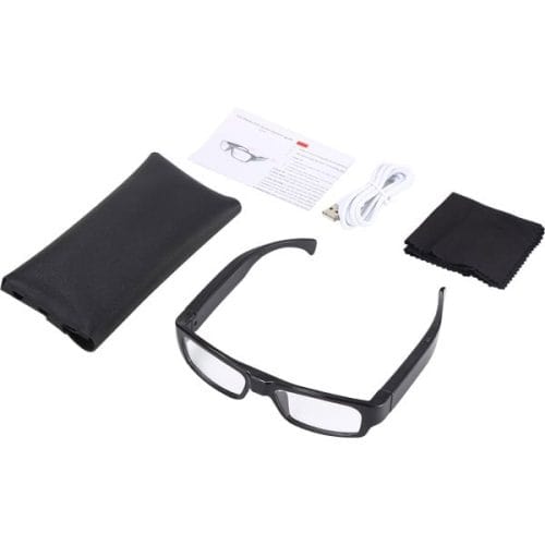 Eyeglasses Hidden Spy Camera with Built in DVR, complete with a case, USB cable, cleaning cloth, and instruction manual laid out on a white background.
