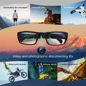 A collage featuring adventure sports: mountain biking, skiing, motorcycling, and cycling. Central image of Eyeglasses Hidden Spy Camera with Built in DVR. Text reads "Video and photography, documenting life.
