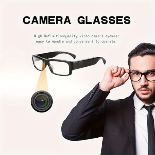 A man in a suit touches his glasses. Above him is an image of camera glasses with text: "Eyeglasses Hidden Spy Camera with Built-in DVR. High definition quality video camera eyewear with built-in DVR, easy to handle and convenient to operate.