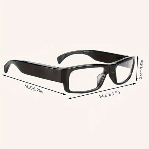 Black rectangular eyeglasses with precise measurements: 14.5 cm (5.71 inches) in width and 3.6 cm (1.41 inches) in lens height, featuring Eyeglasses Hidden Spy Camera with Built in DVR for covert recording.