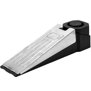 A metal doorstop alarm with a wedge design, featuring a silver top and black base, imported under the product name "Import placeholder for 23304.