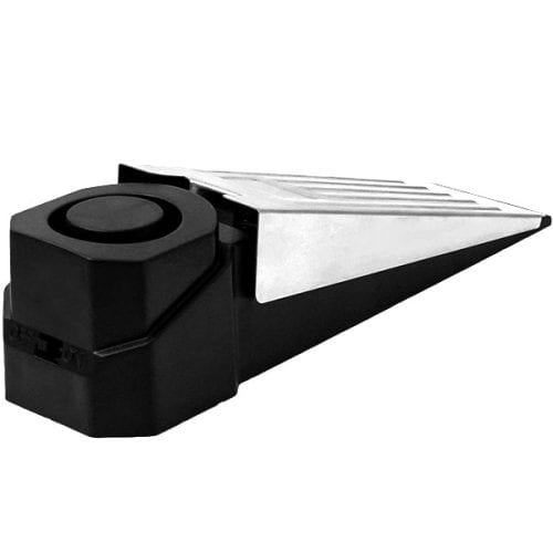 The Door Stop Alarm offers an integrated alarm system within its black and silver, wedge-shaped design, making it ideal for home protection. For added convenience, it includes a pointed end and an on/off switch.