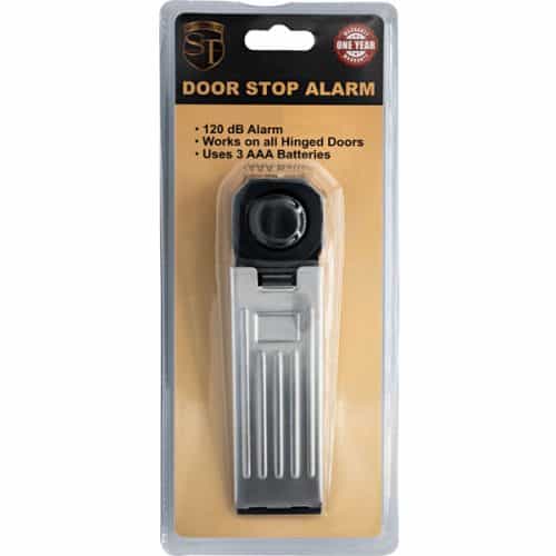 The packaging of the Door Stop Alarm highlights its powerful 120 dB alarm, compatibility with all hinged doors, and operation using just 3 AAA batteries.