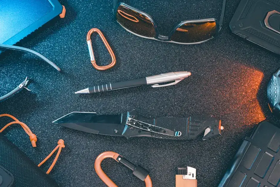 A variety of EDC (Everyday Carry) items are laid out on a dark surface including a folding knife, pen, sunglasses, carabiners, lighter, and other small gear.