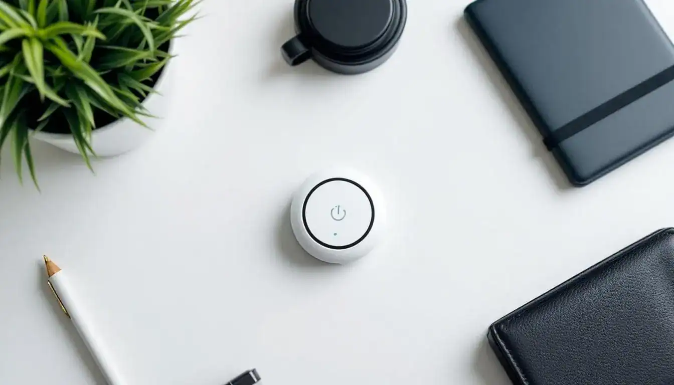 A white Bluetooth speaker on a desk surrounded by a plant, a coffee cup, a closed notebook, a pen, and a wallet.