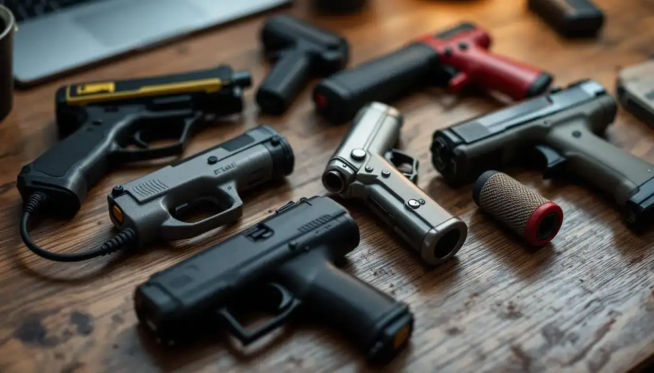 A collection of various replica handguns placed on a wooden table.