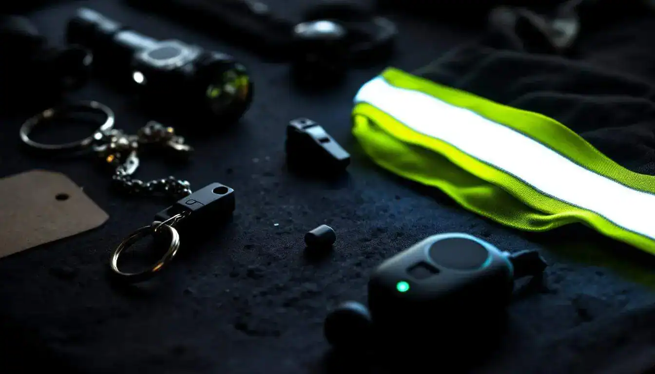 Keychains, a flashlight, a whistle, and a wearable safety reflector on a dark surface.