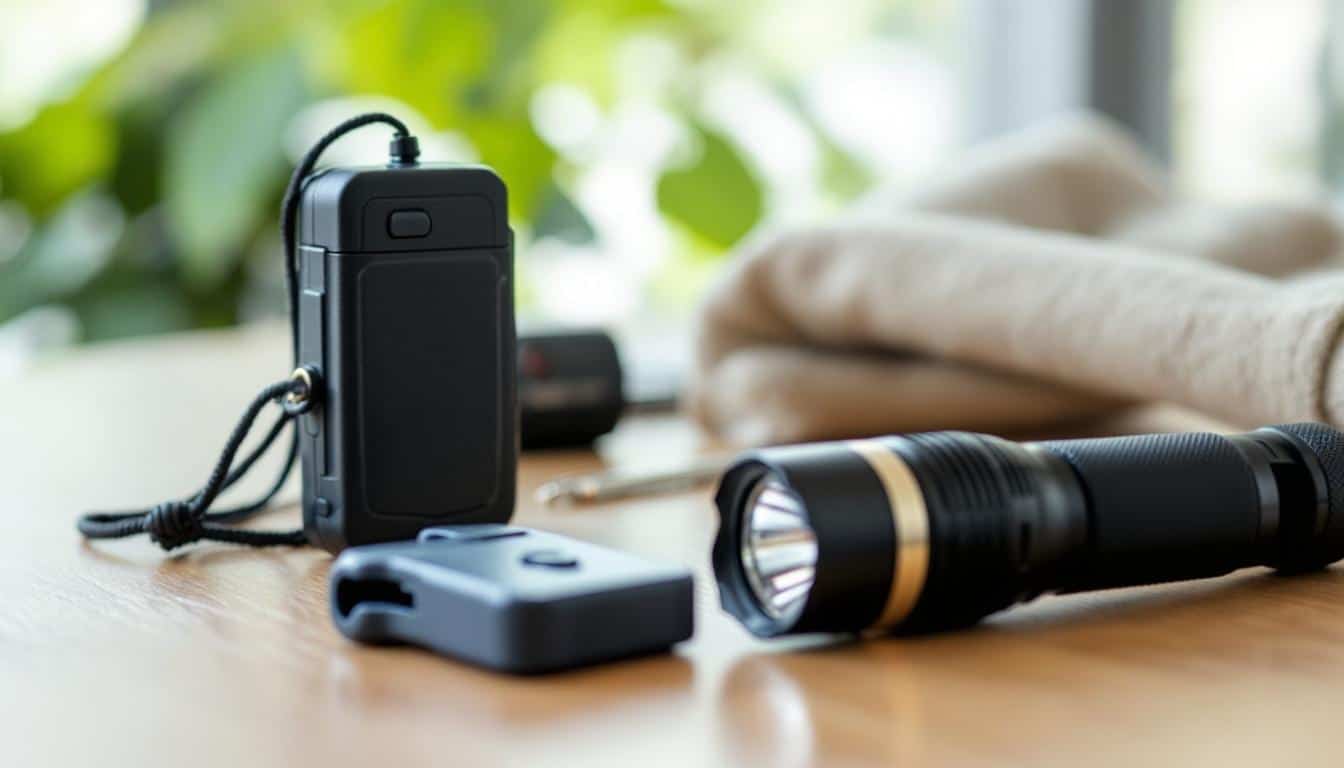 A black flashlight and a remote control device on a wooden table, with a beige cloth in the background.