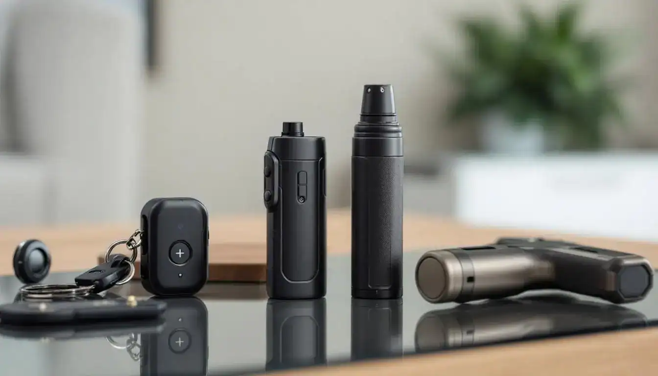 Various black and grey gadgets, including keychain devices and cylindrical objects, are displayed on a glass surface.