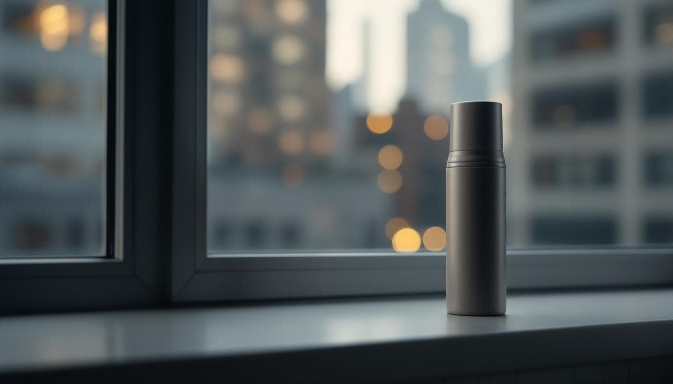 A silver thermos stands on a windowsill with an urban skyline blurred in the background.