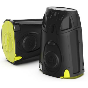 Two TASER LIVE Pulse replacement cartridges in black and green plastic with circular patterns, lids, and textured surfaces.