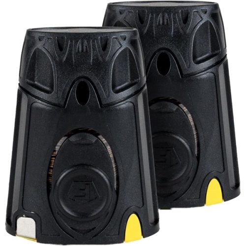 Two black cylindrical TASER LIVE Replacement Cartridges for Pulse, each with yellow accents and circular designs on a textured surface, positioned side by side.